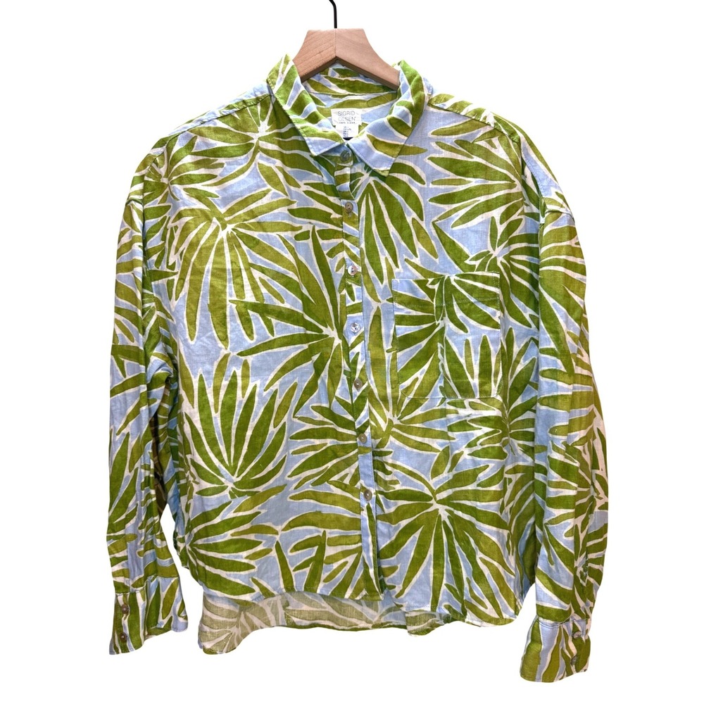 Sigrid Olsen Linen Button Down Women L Green Palm Leaf Resort Vacation Tropical